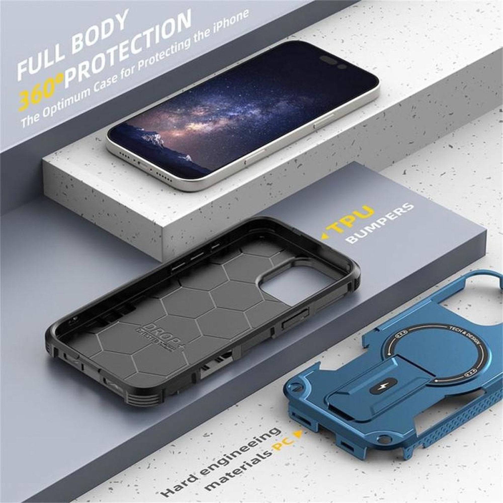 Voir la diapositive 5 : Coque pour iPhone 16 Pro MagSafe bleue avec support intégré et protection antichoc 360°