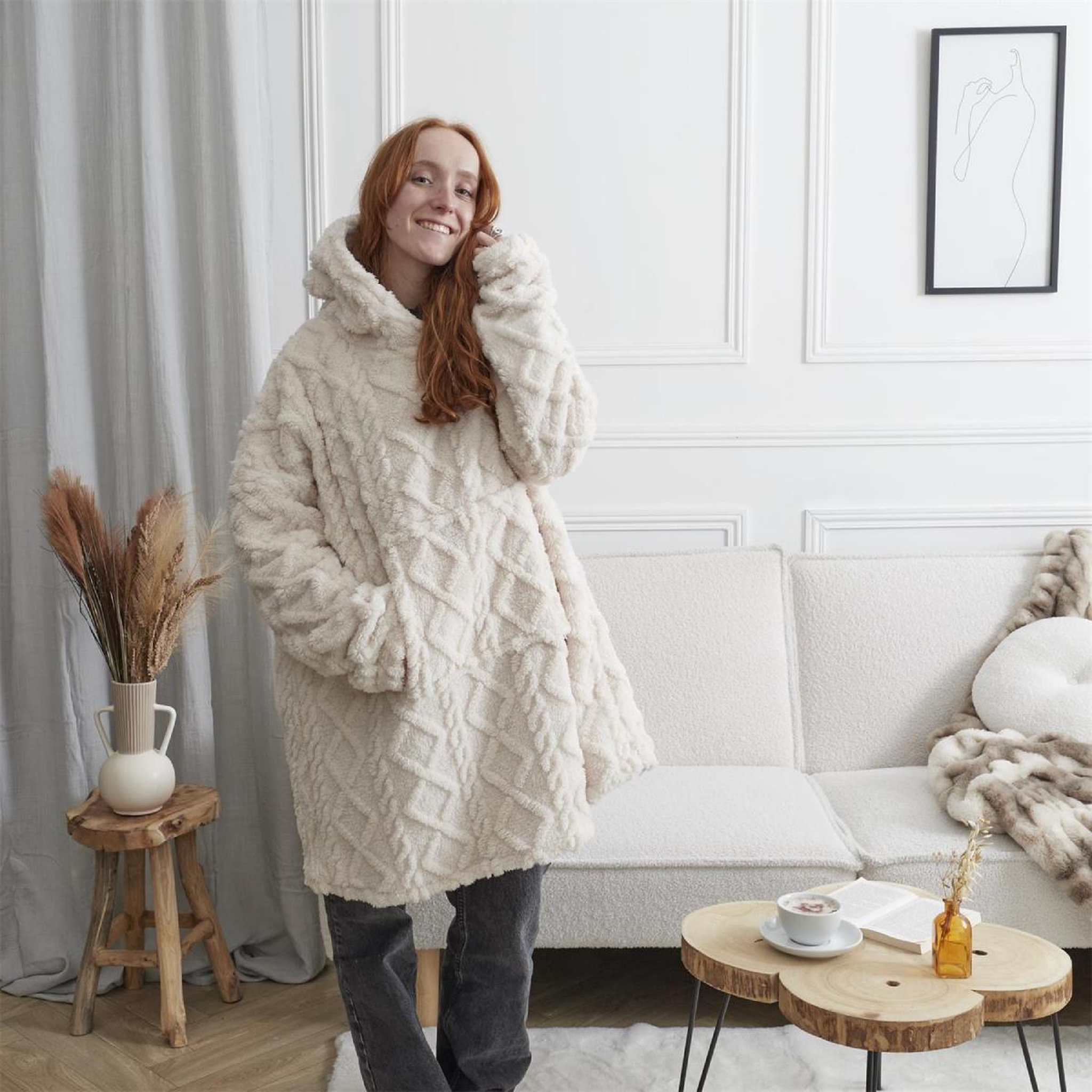 Voir la diapositive 4 : The Home Deco Factory Plaid sweat à capuche  jacquard  85x118cm crème