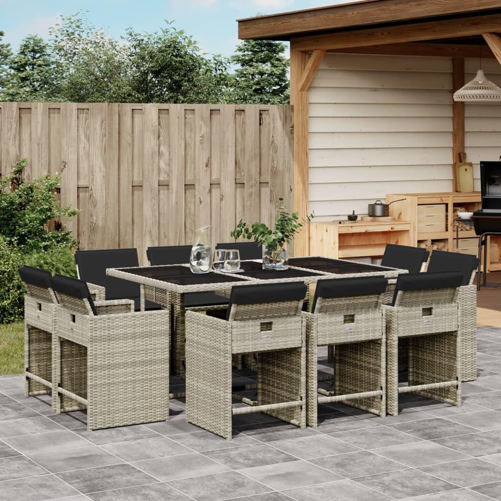 VIDAXL Ensemble a manger de jardin 11pcs avec coussins gris poly rotin