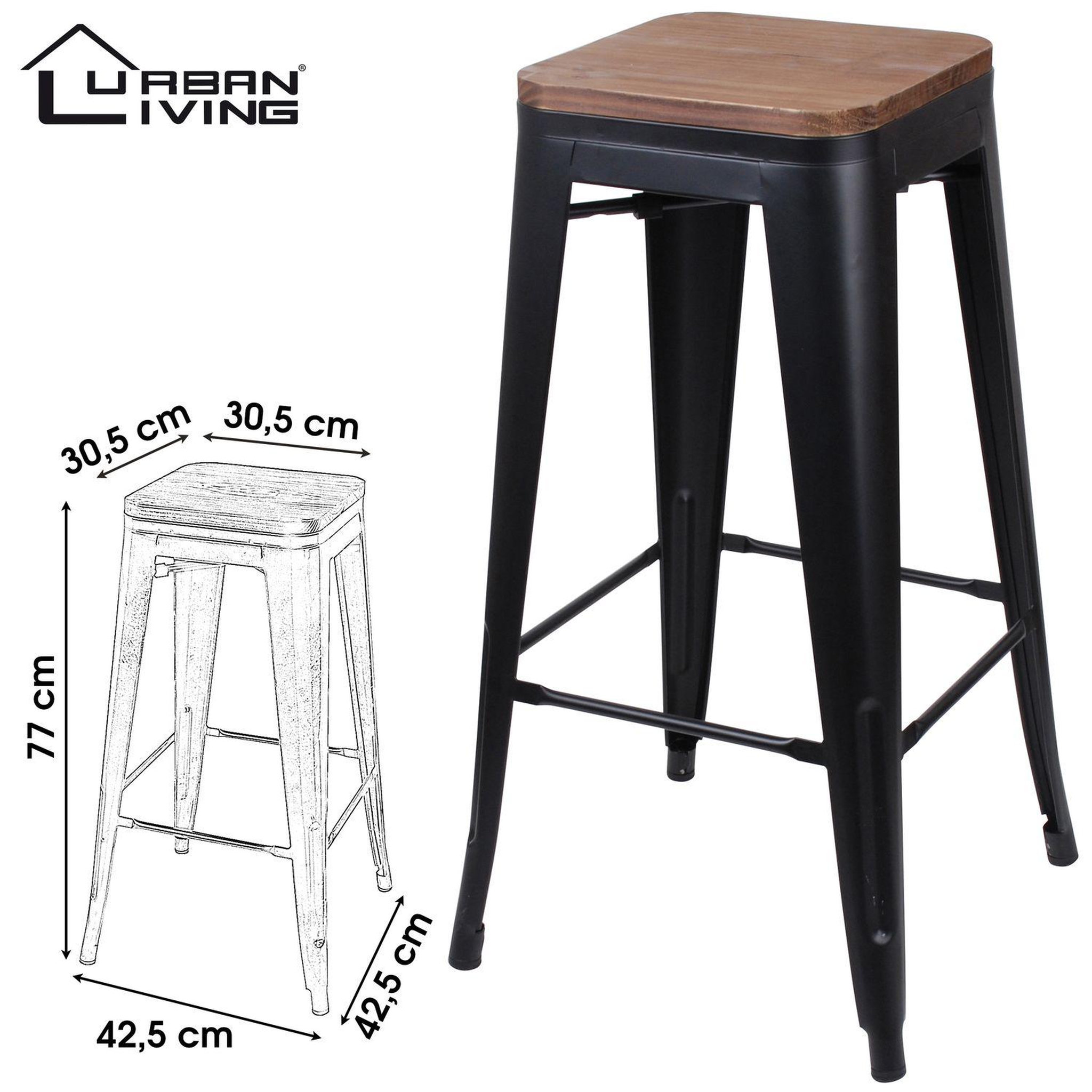 Voir la diapositive 2 : TOILINUX Lot de 4 Tabourets de bar vintage Liv - Hauteur 77 cm. - Noir