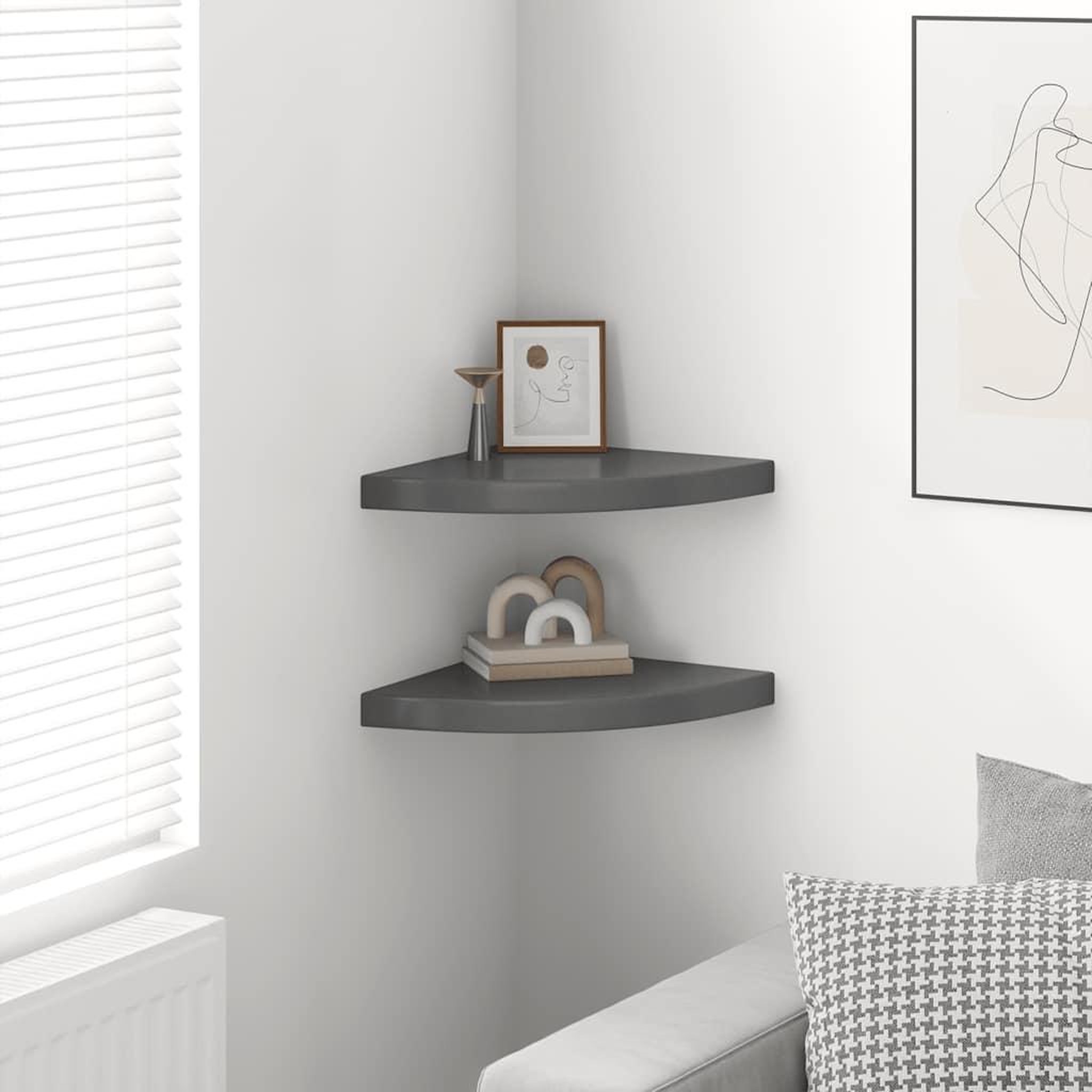 Voir la diapositive 3 : VIDAXL Etageres d'angle flottantes 2pcs gris brillant 35x35x3,8 cm mdf