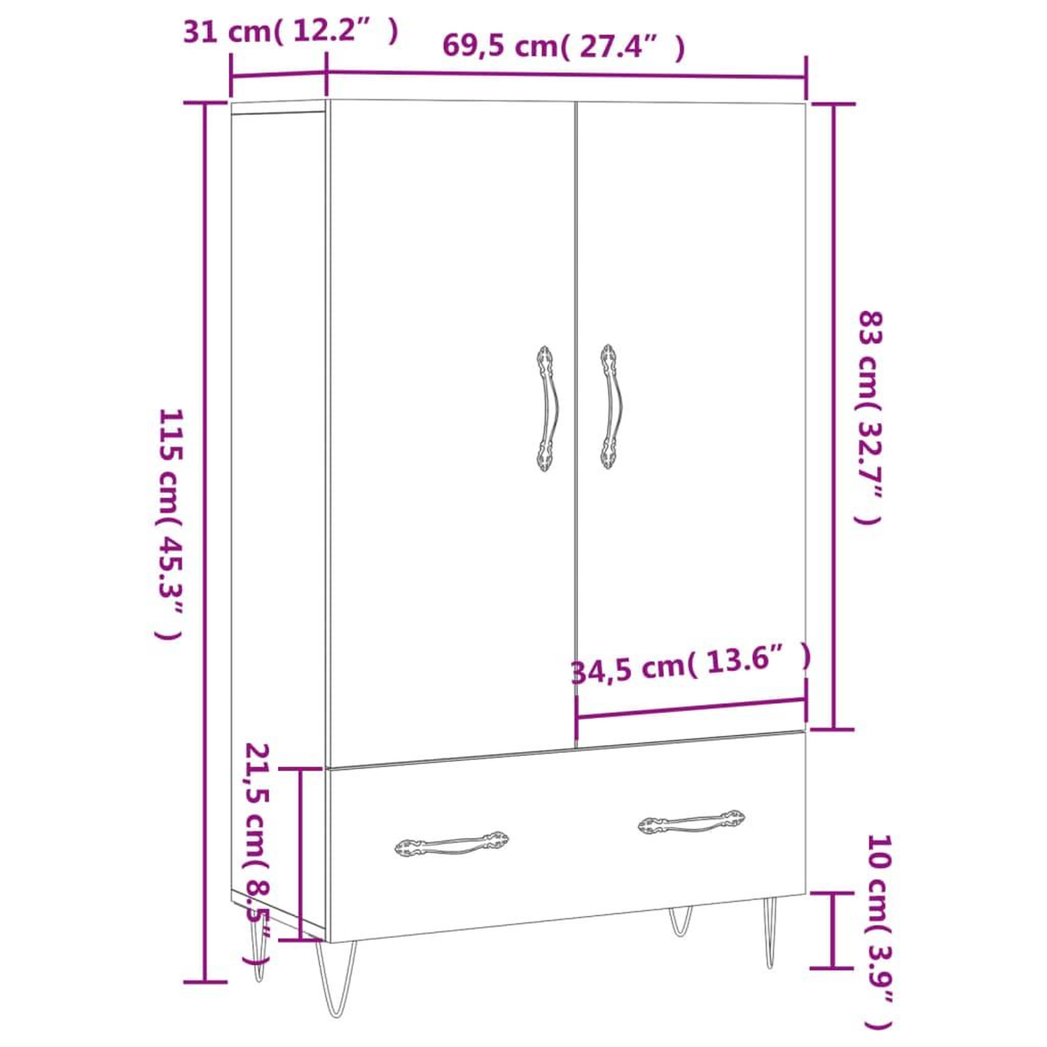 Voir la diapositive 6 : VIDAXL Buffet haut blanc 69,5x31x115 cm bois d'ingenierie