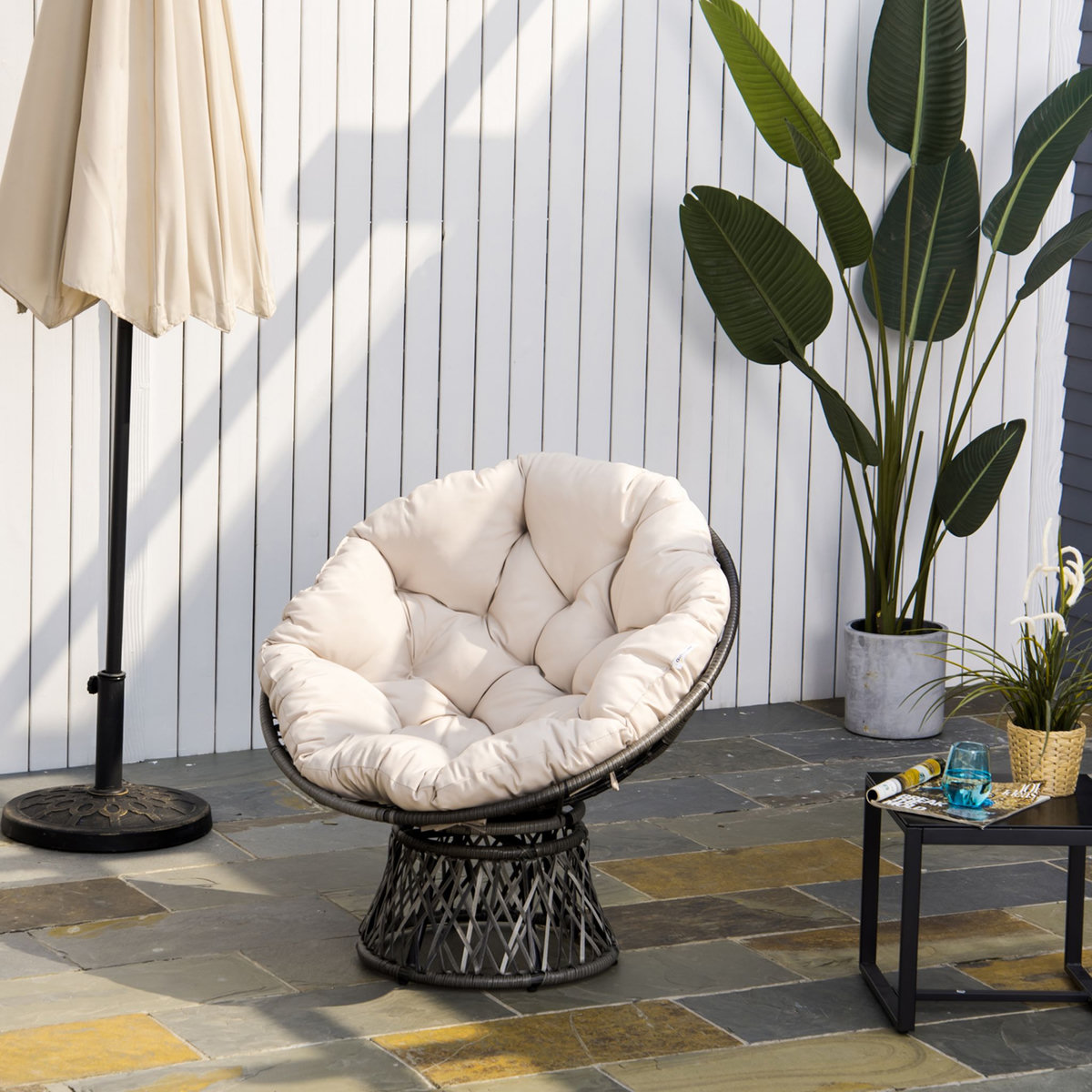 OUTSUNNY Fauteuil rond de jardin fauteuil papasan pivotant grand confort Ø 97 x 90H cm grand coussin fourni polyester résine tressée crème