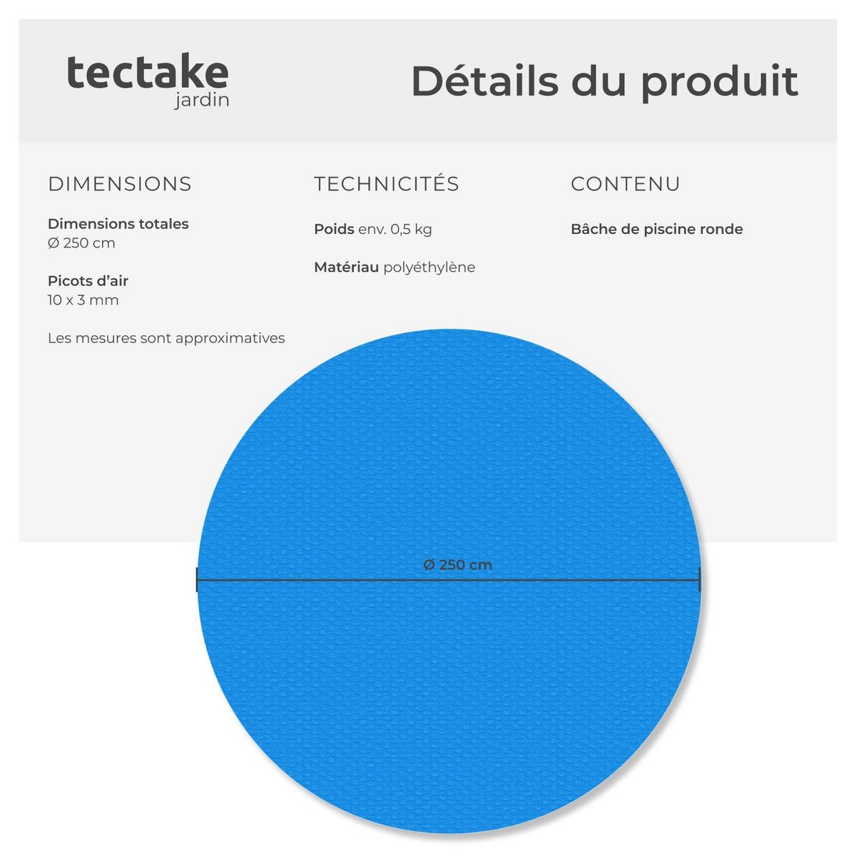 tectake Bâche de piscine Rond et Auto-flottant, léger et résistant bleu Ø 250 cm