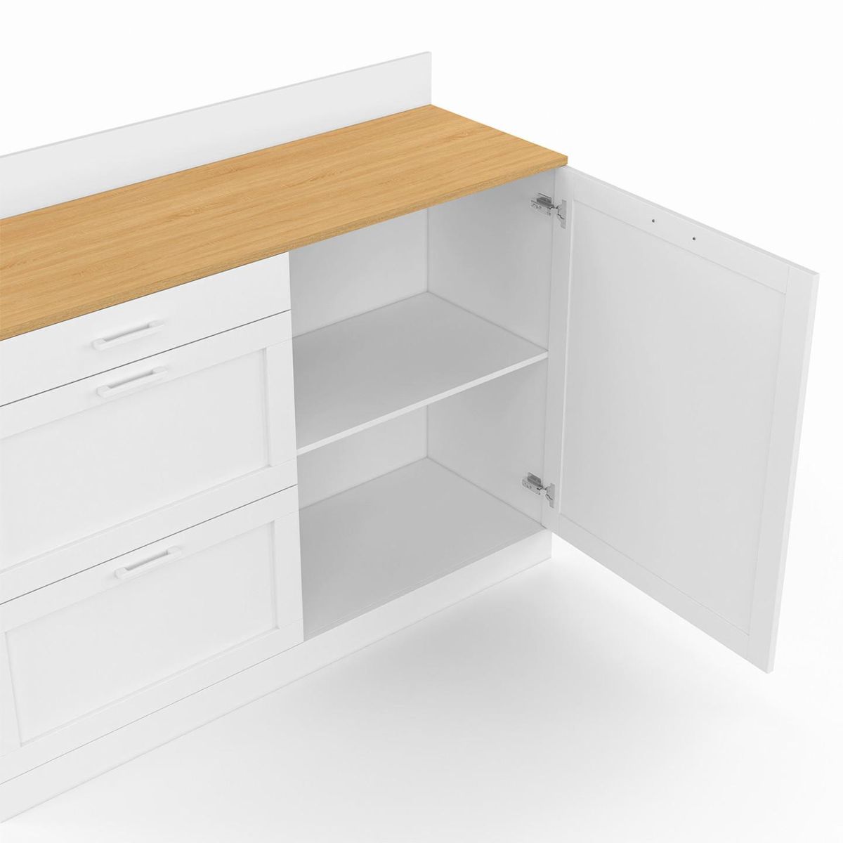 ID MARKET Buffet bas de cuisine 120 cm casserolier VITO plan de travail H.83 cm 1 porte + 3 tiroirs blanc et plateau façon hêtre