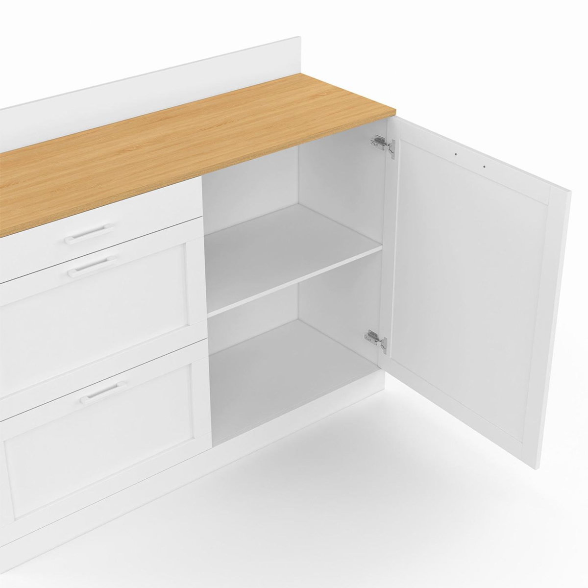 ID MARKET Buffet bas de cuisine 120 cm casserolier VITO plan de travail H.83 cm 1 porte + 3 tiroirs blanc et plateau façon hêtre