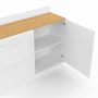 Voir la diapositive 6 : ID MARKET Buffet bas de cuisine 120 cm casserolier VITO plan de travail H.83 cm 1 porte + 3 tiroirs blanc et plateau façon hêtre
