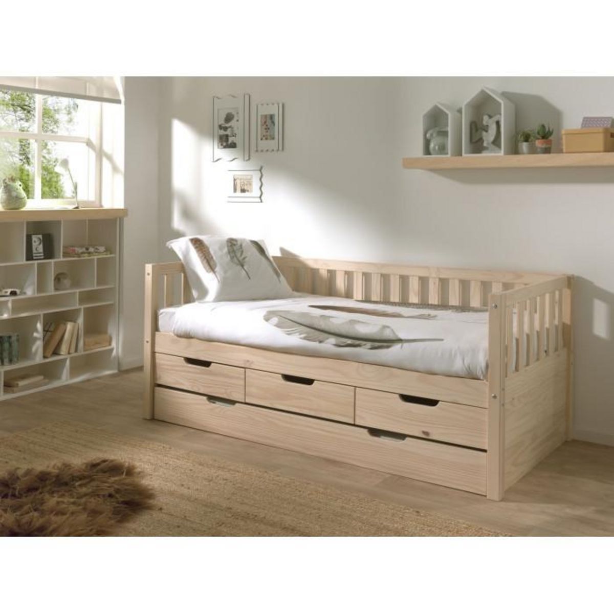 Paris Prix Pack - Lit Capitaine Enfant & Tiroir de Lit  Fritz  90x200cm Naturel