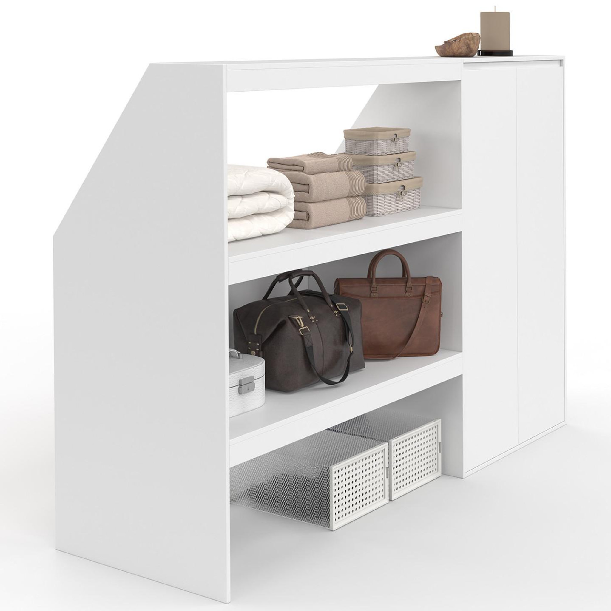 ID MARKET Ensemble étagère 2 niveaux + armoire 2 portes sous pente tomi blanc