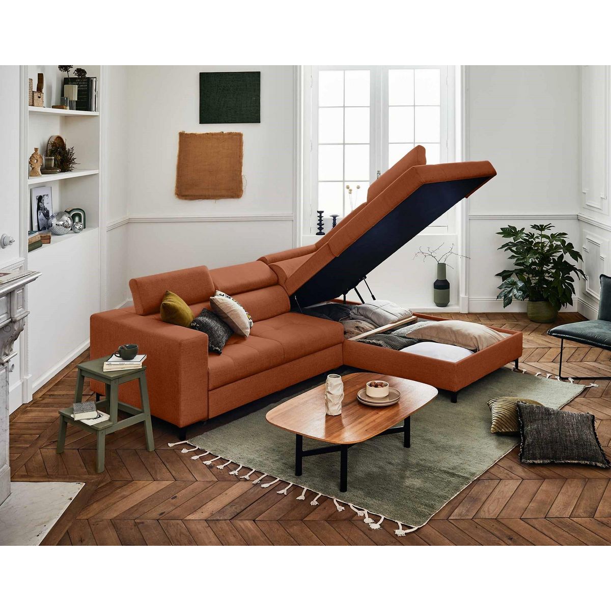 LISA DESIGN Olinda - canapé d'angle droit - 5 places - convertible avec coffre et têtières réglables - en tissu