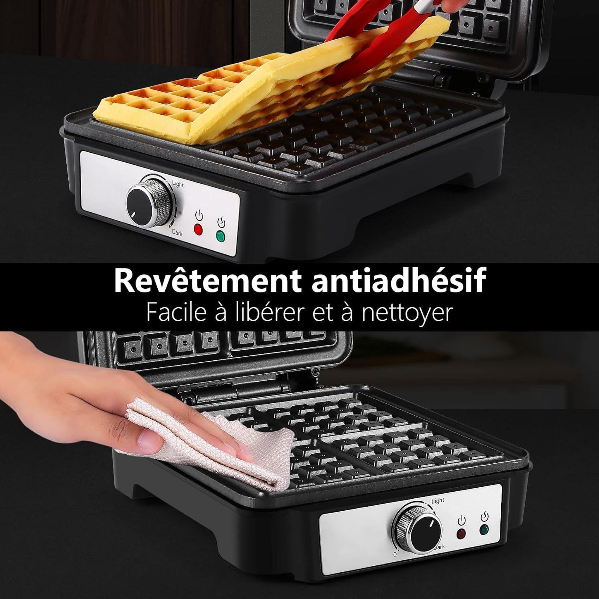 Voir la diapositive 4 : YASHE Gaufrier belge, 4 gaufres, 1200 W, 5 niveaux
