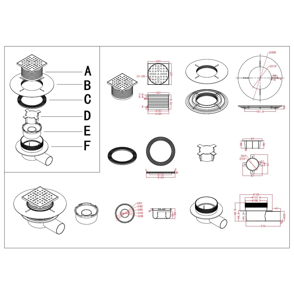 Aurlane Bonde à sortie HORIZONTALE pour bac receveur de douche à carreler RAINY et HIGH RAINY