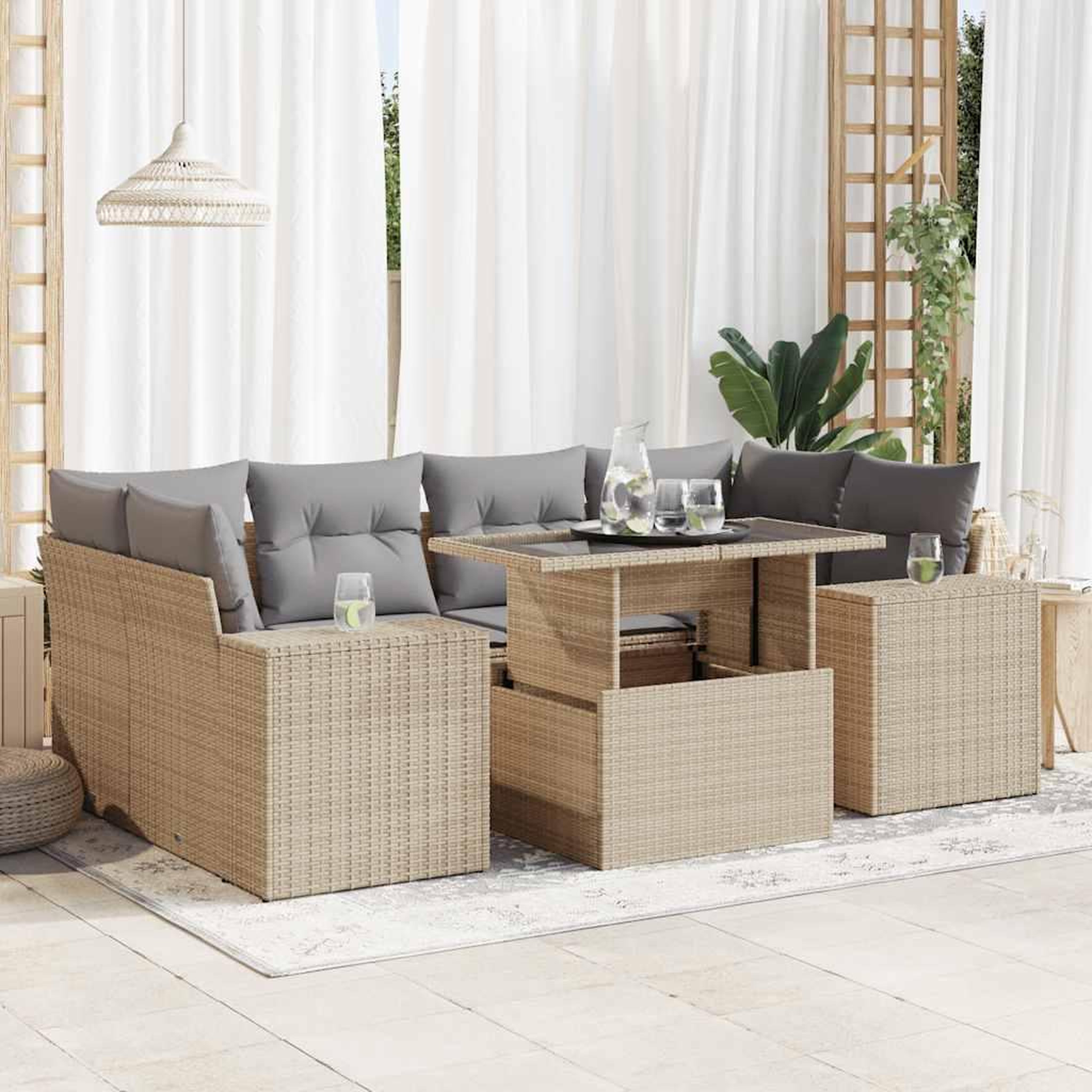 VIDAXL Salon de jardin avec coussins 7 pcs beige resine tressee