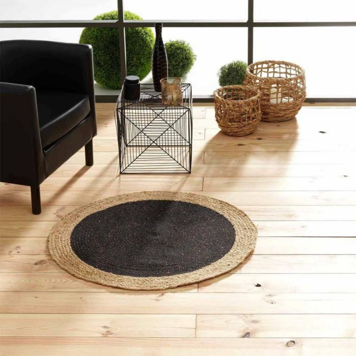 Paris Prix Tapis Déco Rond en Jute  Mario  90cm Noir & Or