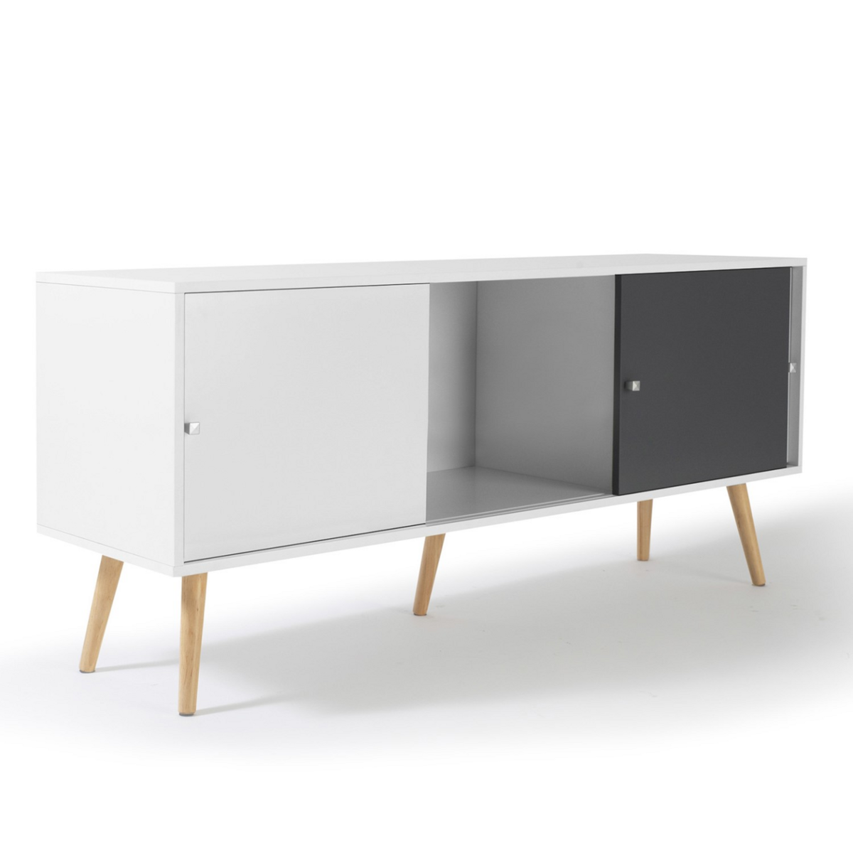 ID MARKET Buffet bas scandinave 135 cm EFFIE 3 portes bois blanc et gris
