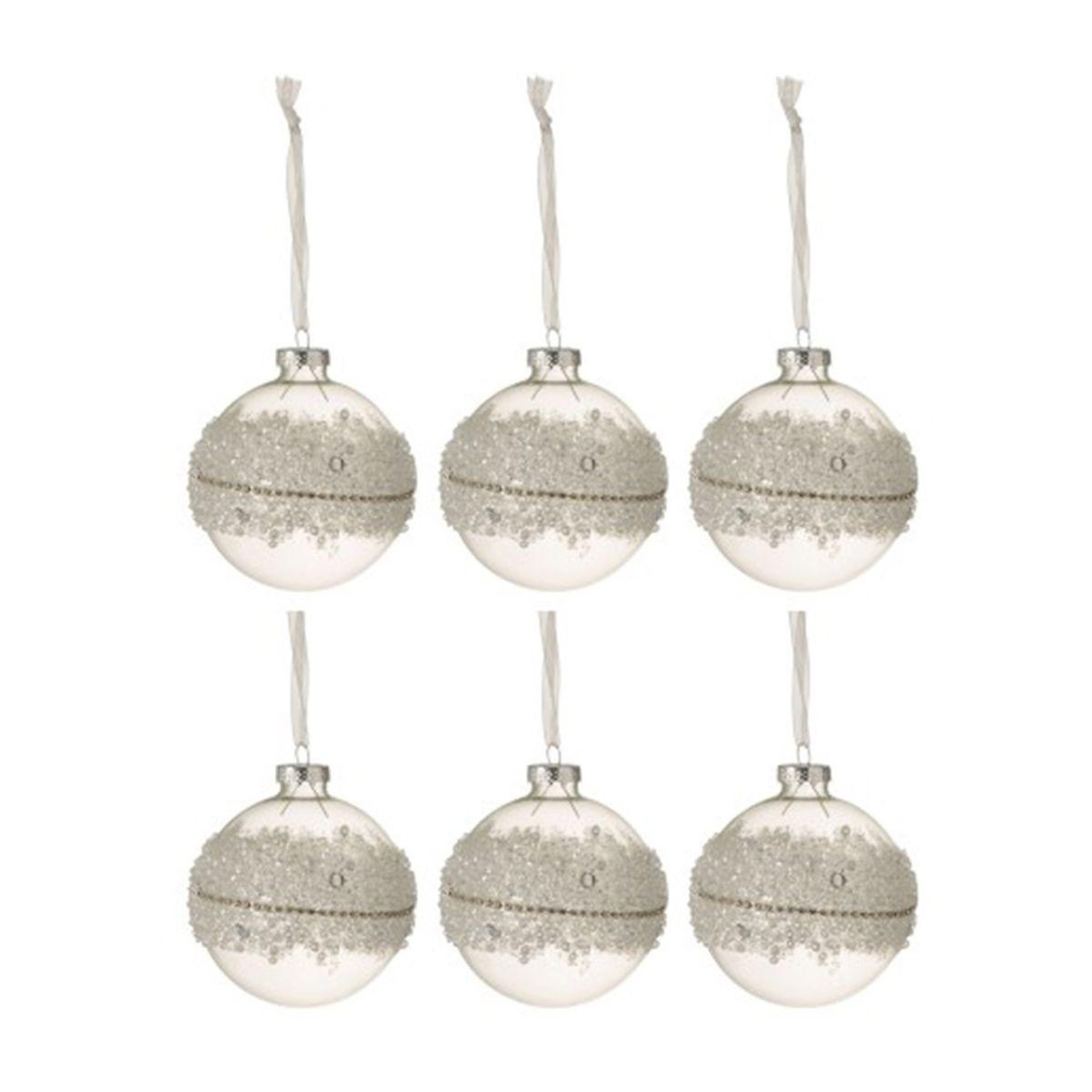 J-LINE Lot de 6 boules de noël  glace  8cm blanc & argent