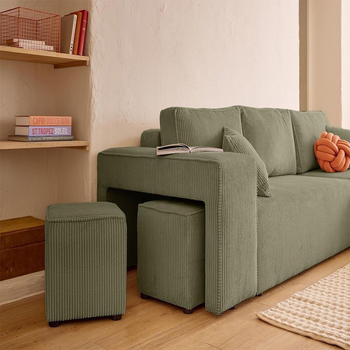 BEST MOBILIER Topaze - canapé d'angle réversible 4 places - convertible avec coffre, tablette et poufs - en velours côtelé