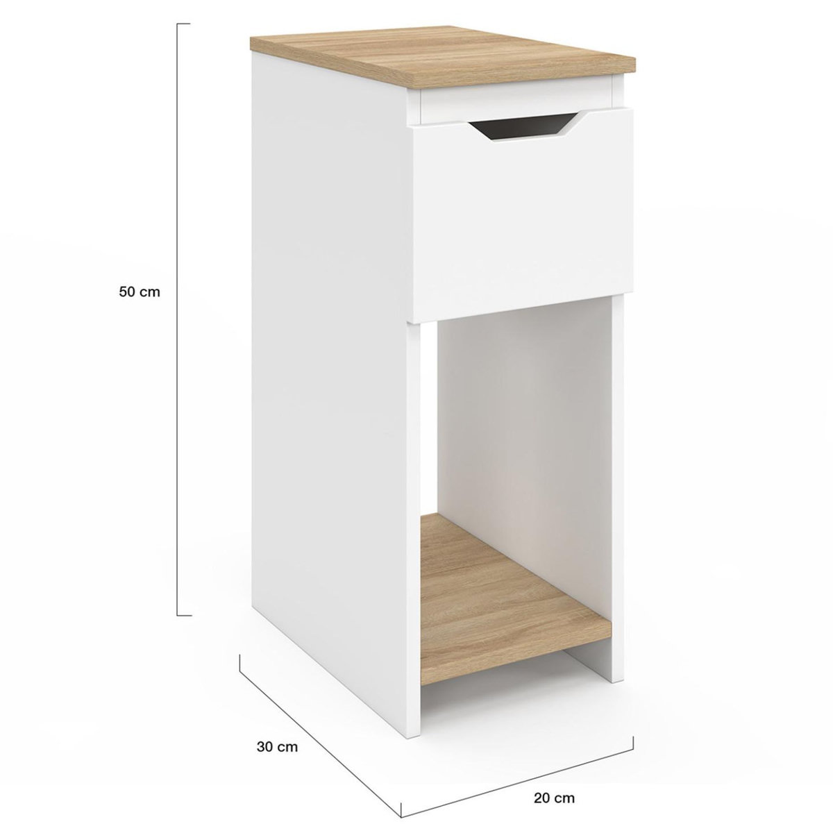 ID MARKET Lot de 2 tables de chevet étroites ANOUK 1 tiroir avec niche blanc et bois