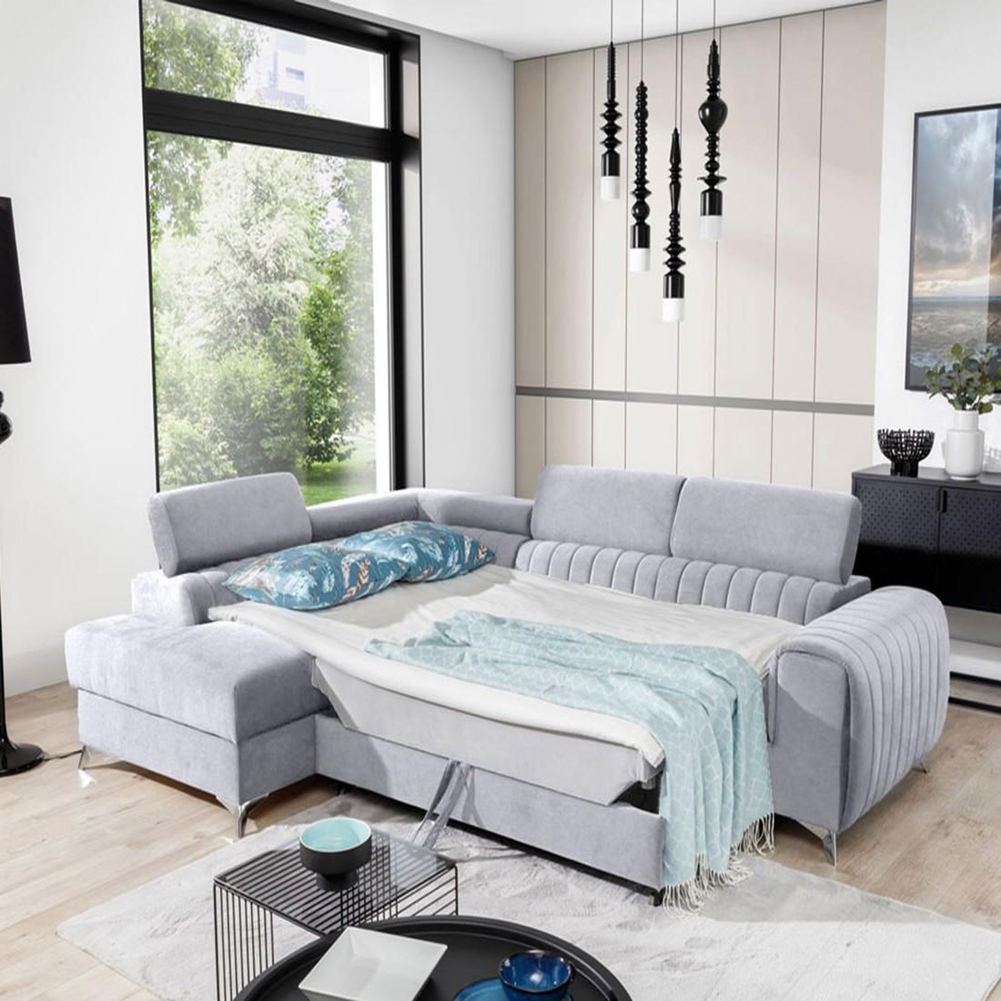 Voir la diapositive 2 : BEST MOBILIER Talisay - canapé d'angle gauche - 5 places - convertible avec coffre - en velours