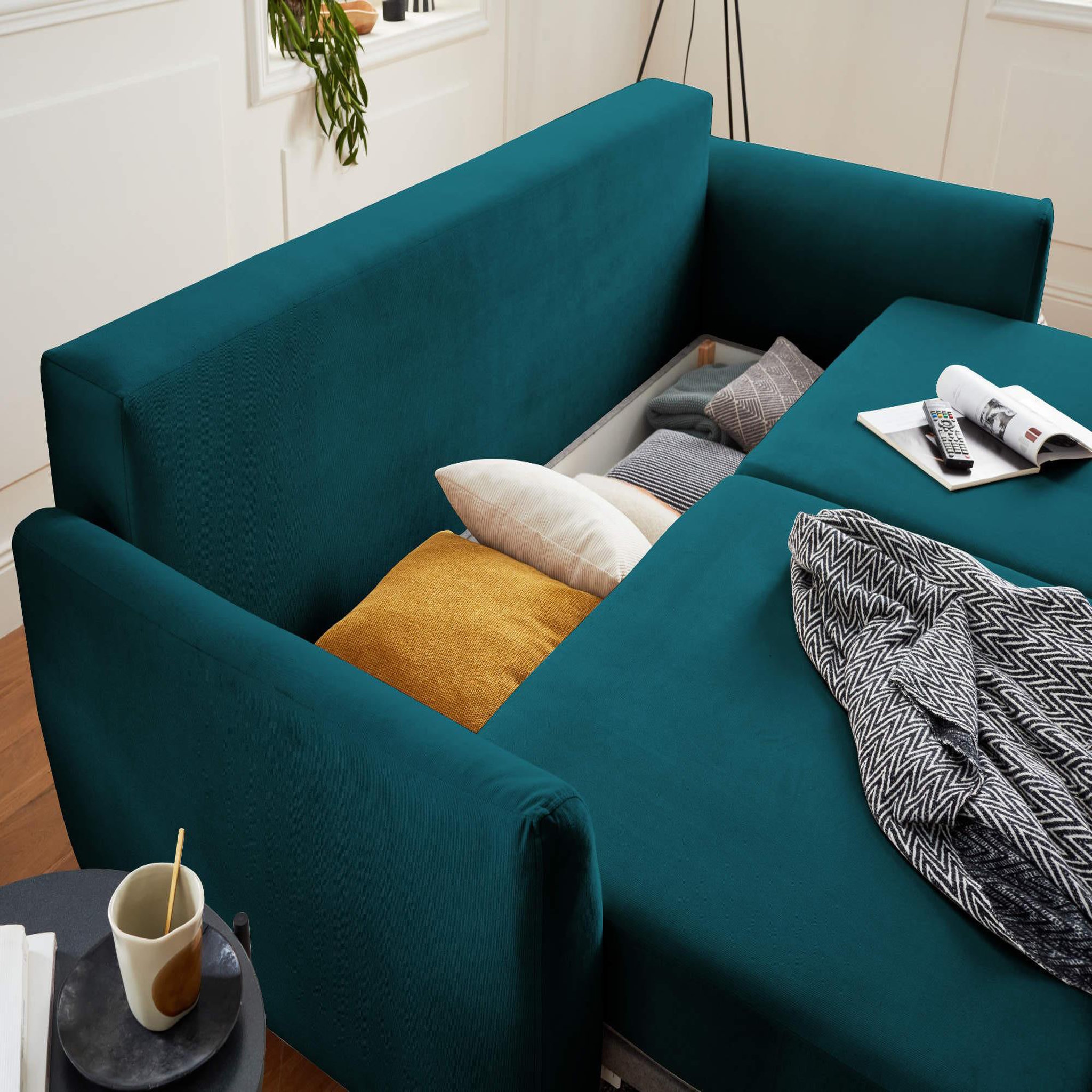 Voir la diapositive 4 : BEST MOBILIER Nils - canapé droit 3 places convertible - avec coffre de rangement - velours