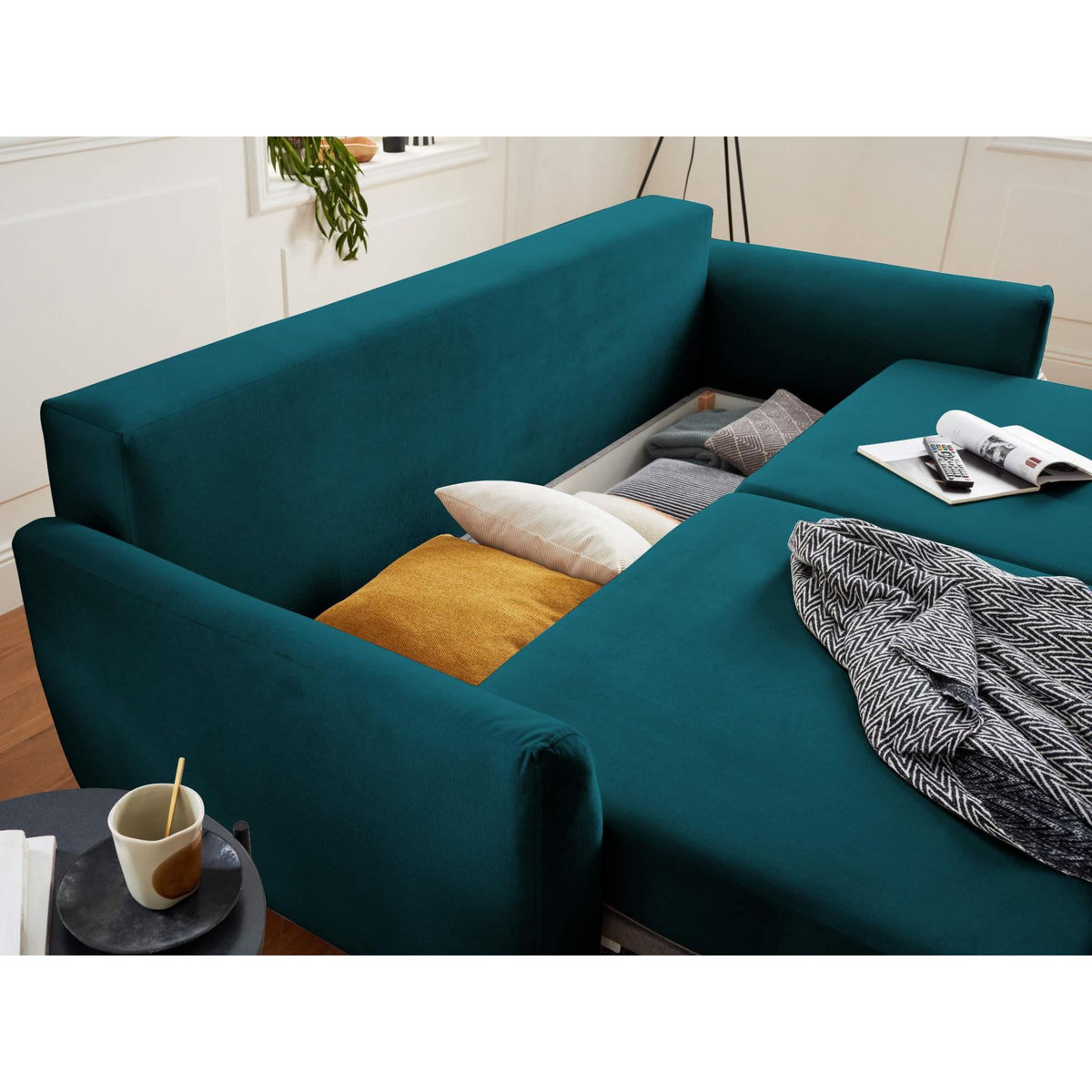 LISA DESIGN Nils - canapé droit 3 places convertible - avec coffre de rangement - velours