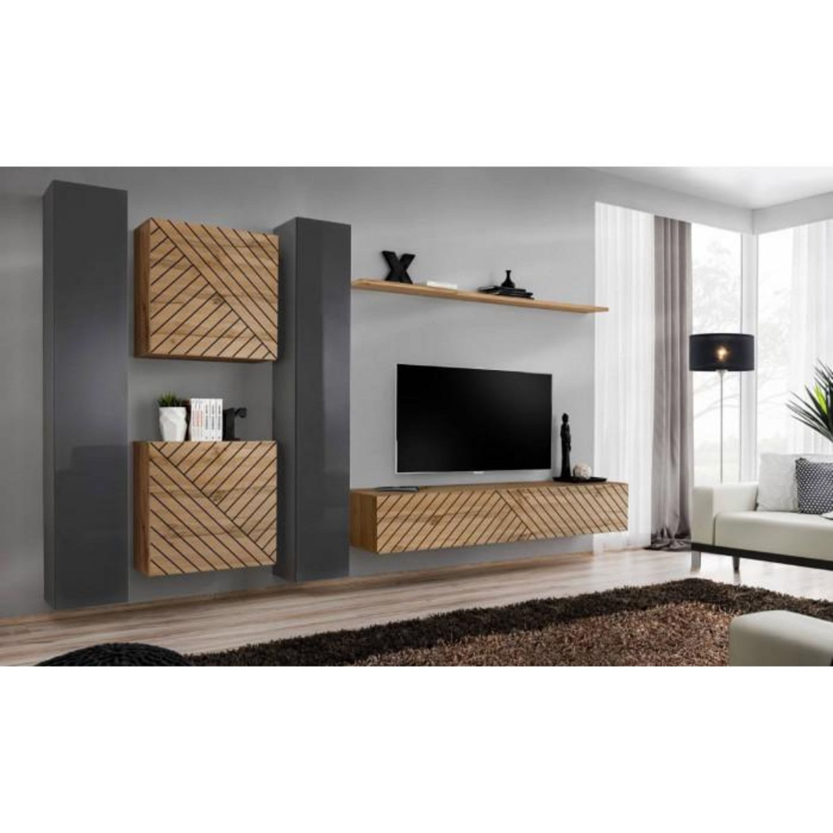 Paris Prix Ensemble Meuble TV  Switch Lamel VI  330cm Naturel & Gris