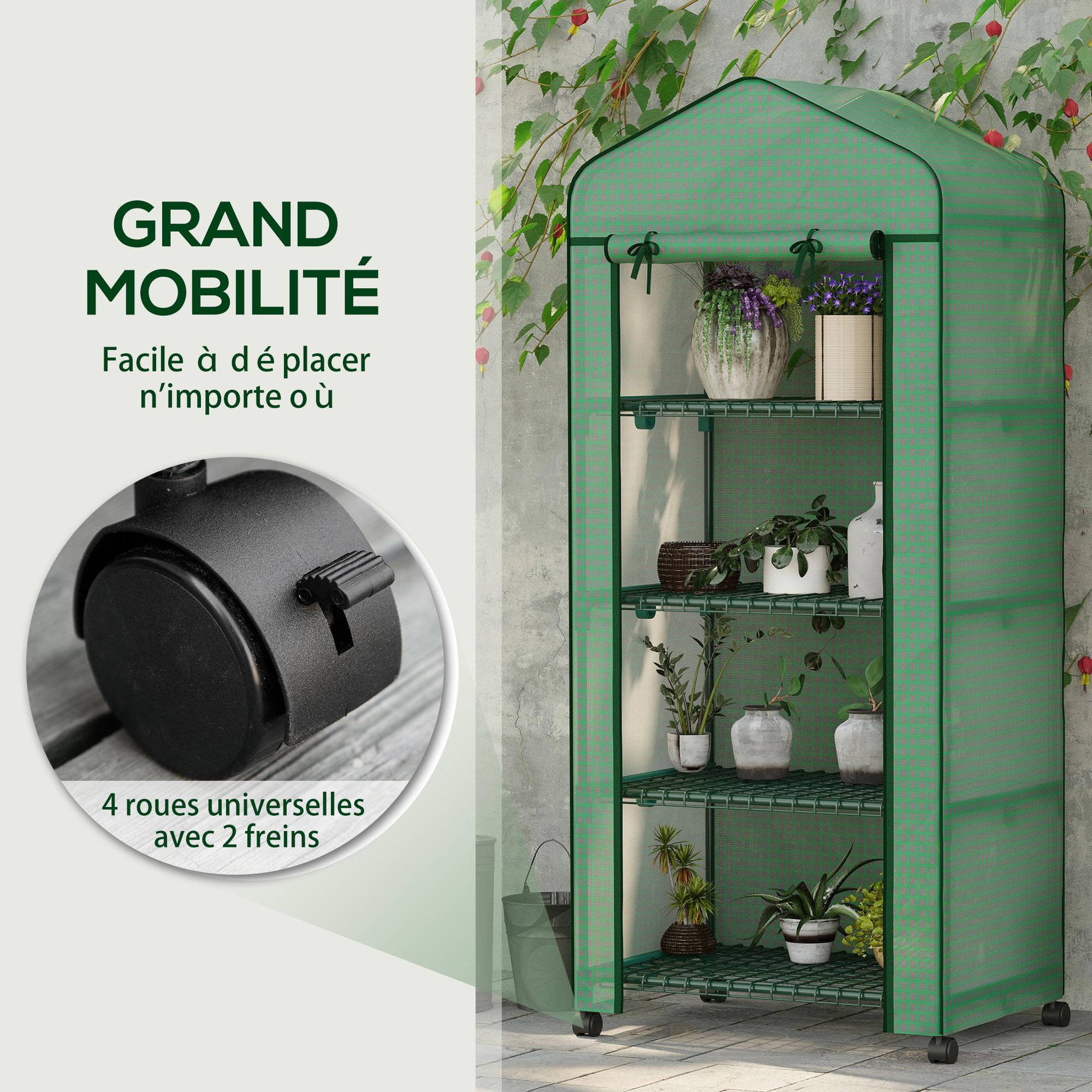 Voir la diapositive 5 : OUTSUNNY Serre de jardin balcon 4 étagères dim. 69 x 50 x 165 cm acier époxy bâche pe zippée haute densité vert