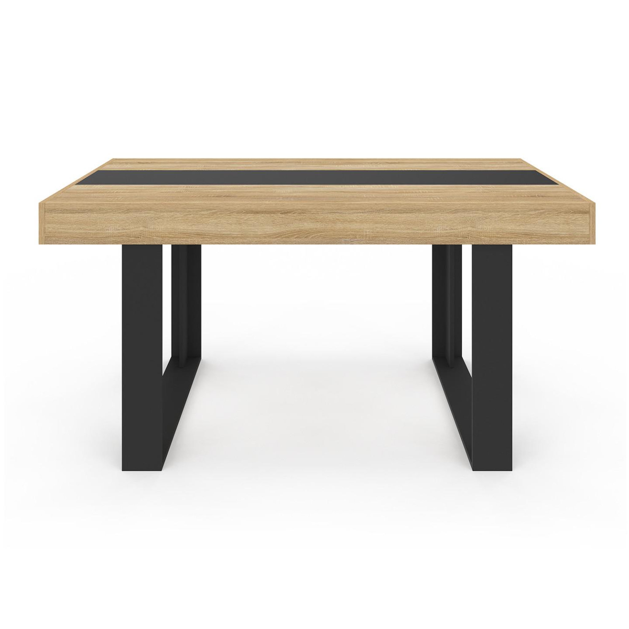 Voir la diapositive 3 : ID MARKET Ensemble table à manger rectangle phoenix bois et noir bande centrale noire 160 cm et 6 chaises romane noires bandeau blanc
