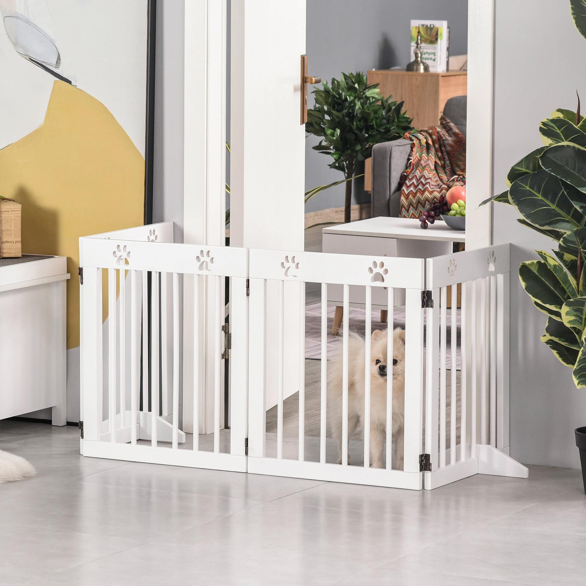 Voir la diapositive 2 : PAWHUT Barrière de sécurité pour animaux - barrière modulable pliable 4 panneaux - motif patte - 2 pieds support - bois de pin blanc