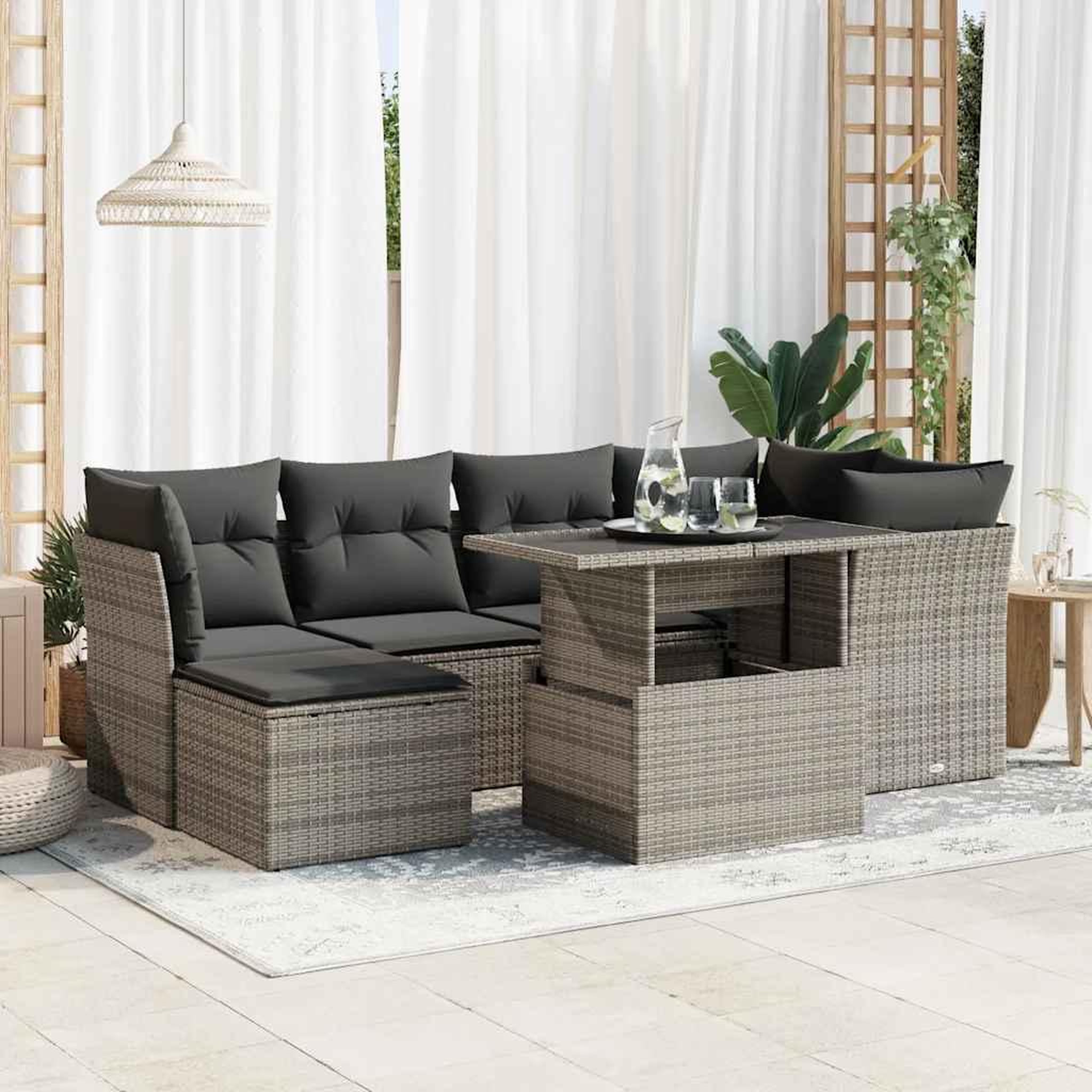 VIDAXL Salon de jardin avec coussins 7 pcs gris resine tressee