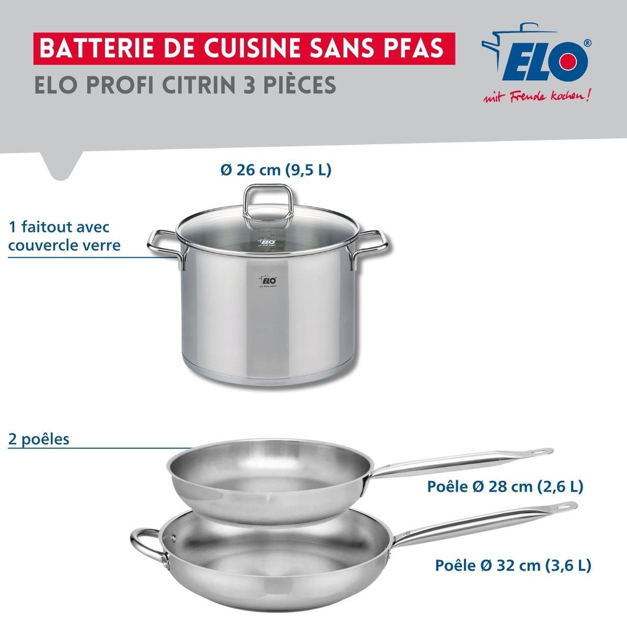 Voir la diapositive 2 : ELO Ensemble de 2 poêles de cuisson 28 et 32 cm et 1 faitout 26 cm elo profi citrin