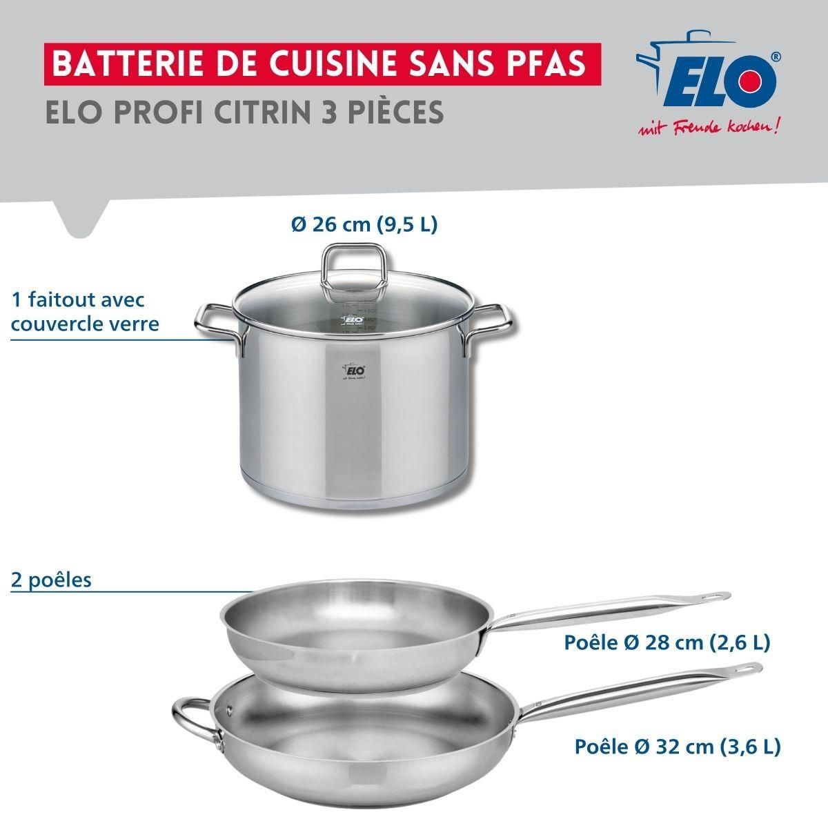 ELO Ensemble de 2 Poêles de cuisson 28 et 32 cm et 1 faitout 26 cm Elo Profi Citrin