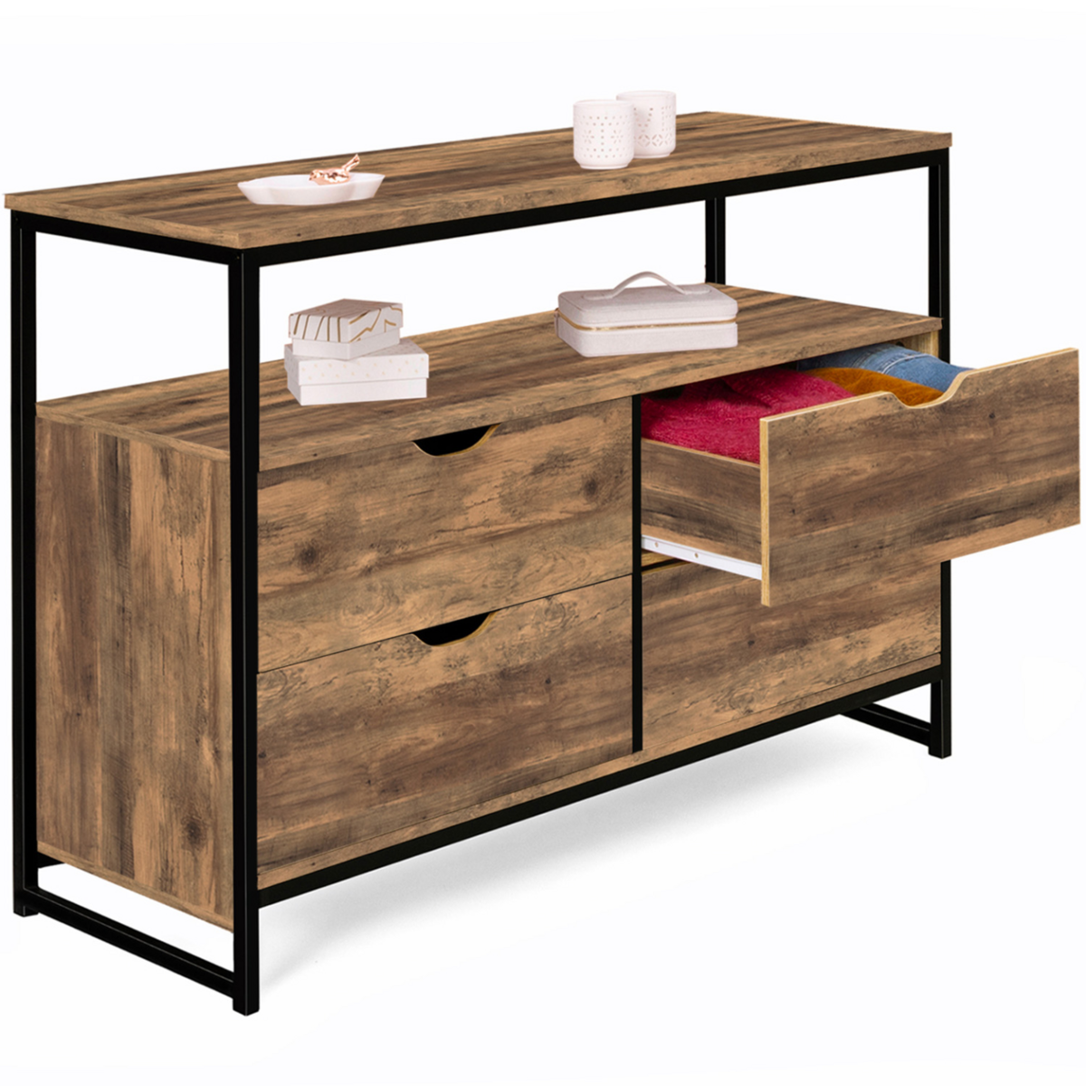 ID MARKET Commode 4 tiroirs HAWKINS 110 cm bois foncé design industriel avec étagère