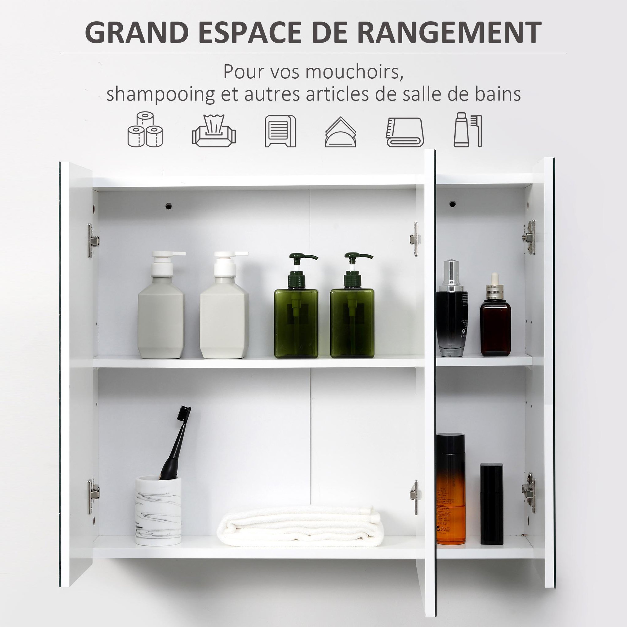Voir la diapositive 5 : KLEANKIN Armoire miroir de salle de bain armoire murale 3 portes 2 étagères dim. 70l x 15l x 60h cm mdf blanc