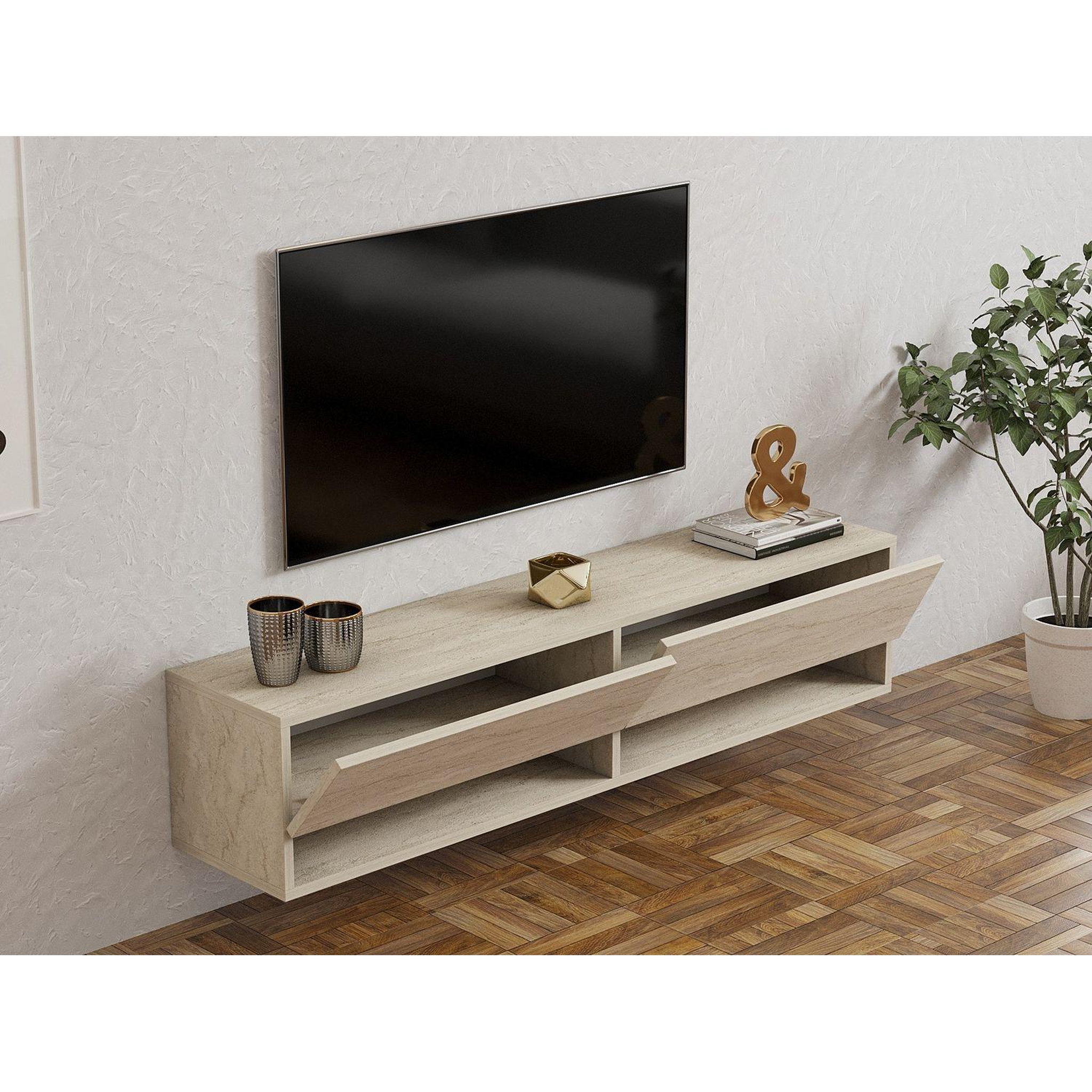 Voir la diapositive 4 : TOILINUX Meuble tv suspendu 2 portes basculantes effet travertin sienna - beige