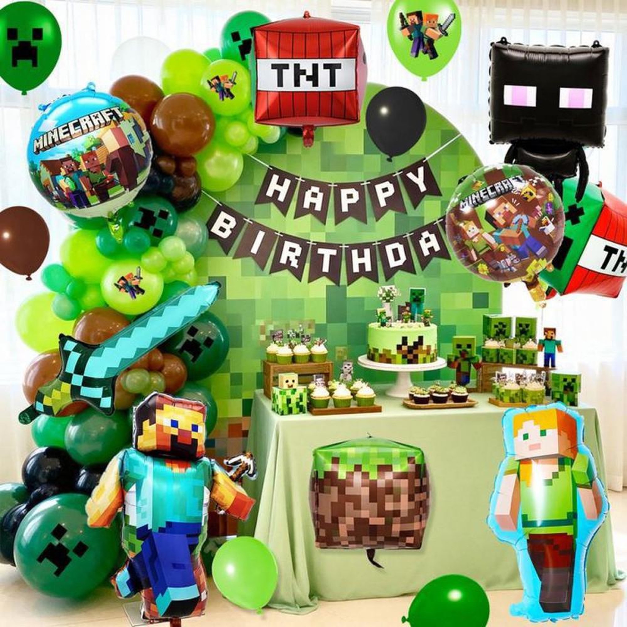 Voir la diapositive 4 : Kit déco ballons anniversaire Minecraft Creeper & blocs pixel avec arche et points de colle, vert et brun