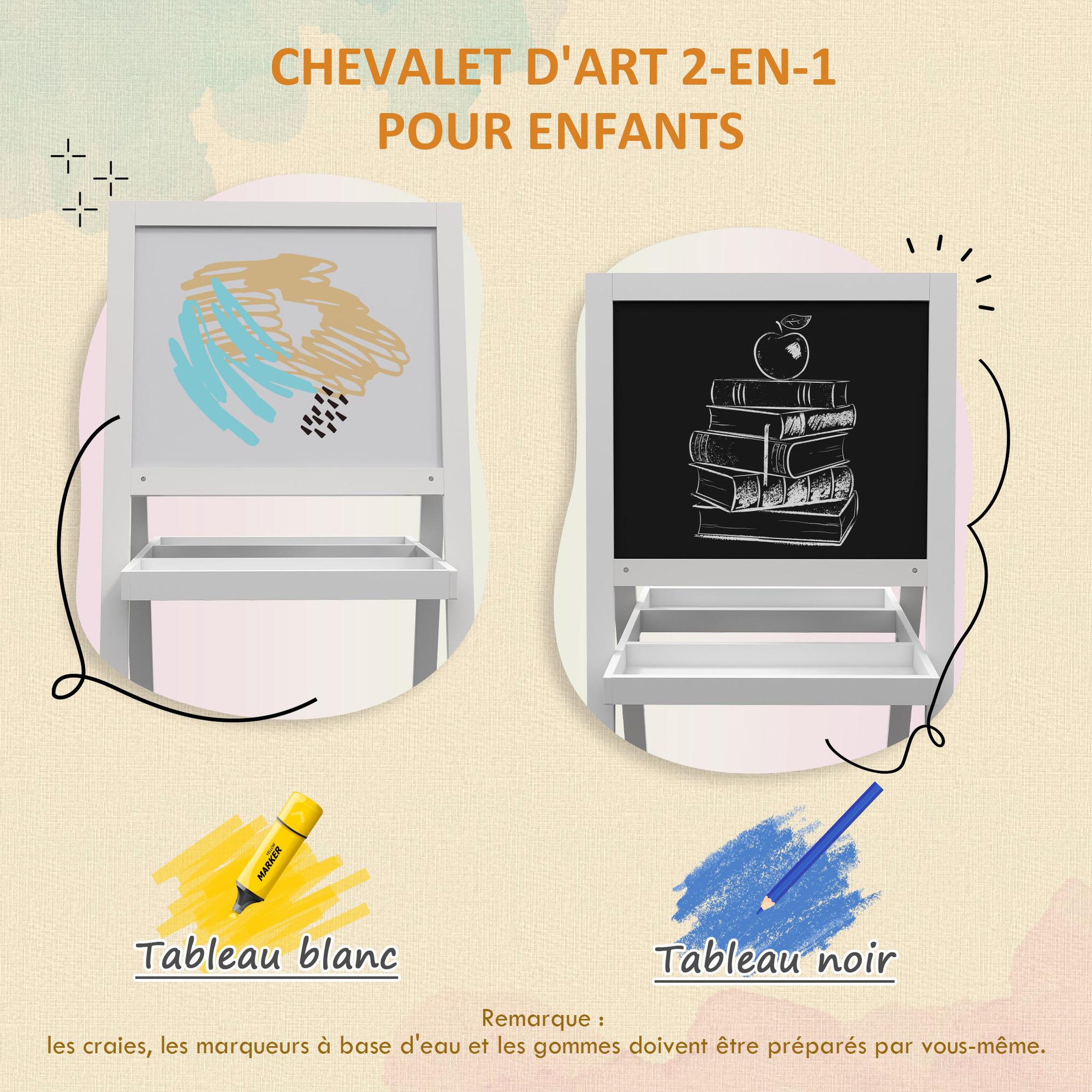Voir la diapositive 4 : HOMCOM Tableau enfant double face - chevalet enfant - tableau blanc magnétique, tableau noir à craie - 2 paniers rangements - MDF blanc