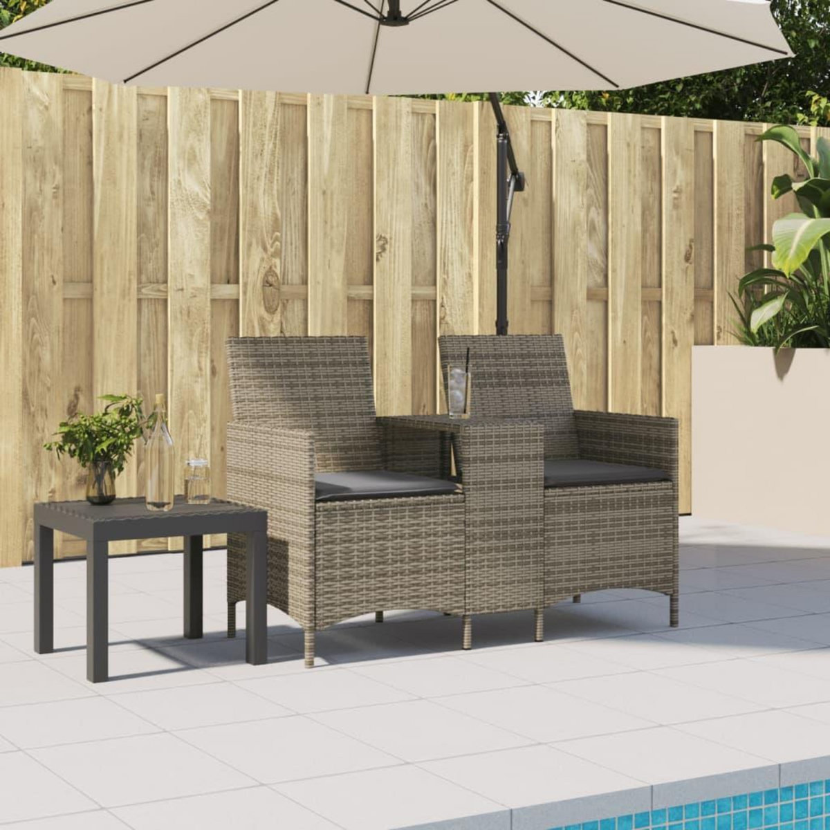 VIDAXL Canape de jardin 2 places avec table et coussins resine tressee