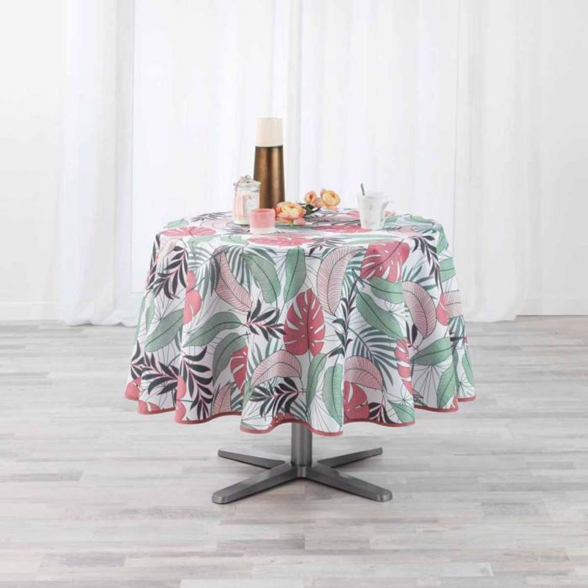 Paris Prix Nappe Antitache Ronde  Beauty Jungle  180cm Blanc & Rose