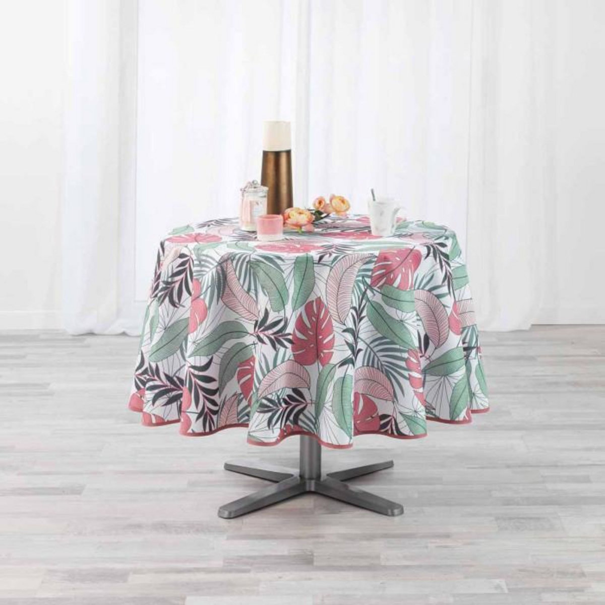 Paris Prix Nappe Antitache Ronde  Beauty Jungle  180cm Blanc & Rose