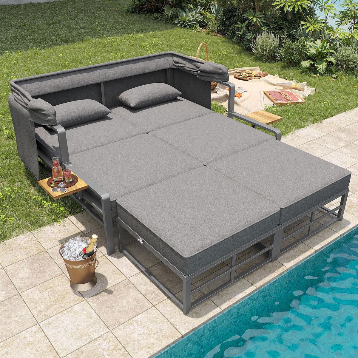 MERAX Bain de soleil 2 places en Métal avec auvent pliable, table incluse, coussins, gris