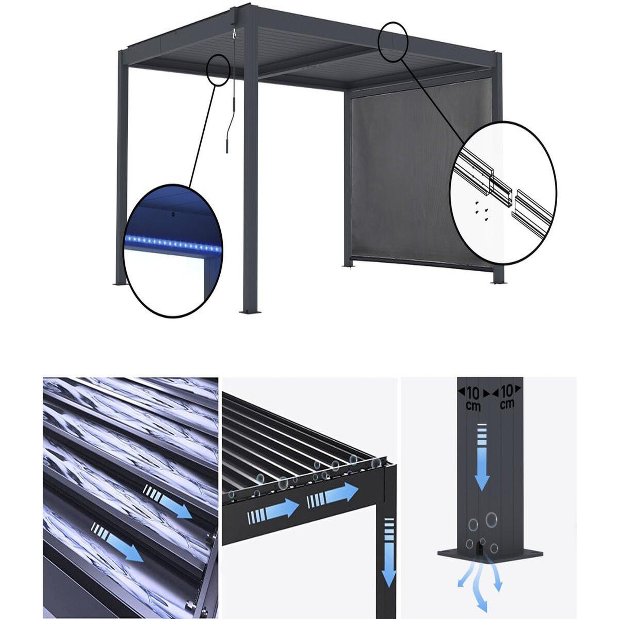 Voir la diapositive 3 : Habitat et Jardin Pergola bioclimatique avec led et store en aluminium  windsor premium  - 3 x 4 m - gris