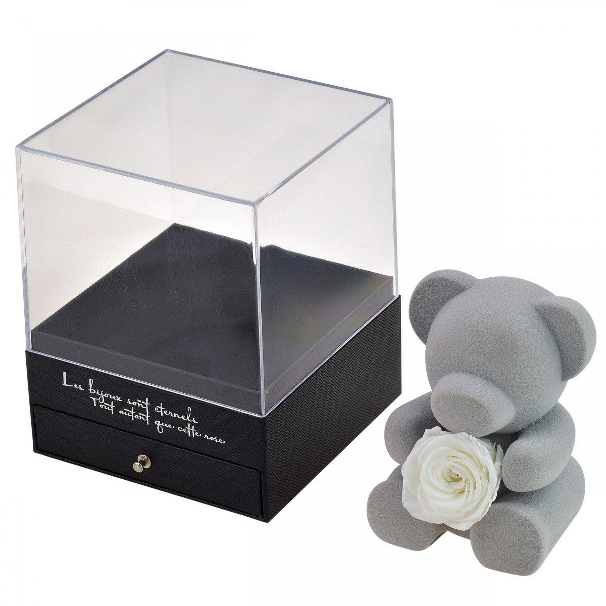 Voir la diapositive 2 : SC CRYSTAL Boite à bijoux ourson décorée d'une rose éternelle - stabilisée banche