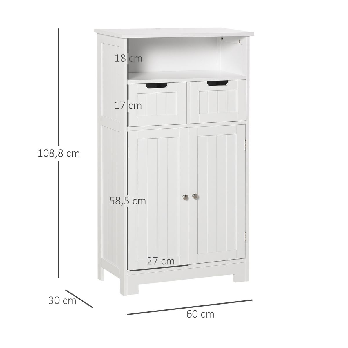 KLEANKIN Meuble bas de salle de bain multi-rangements grande niche 2 tiroirs placard double porte avec étagère MDF blanc