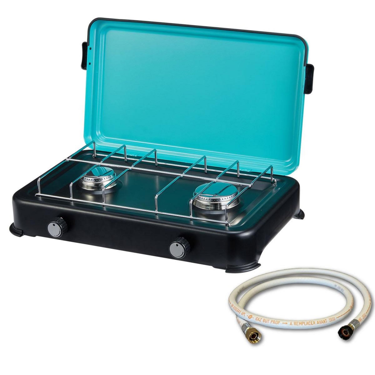 INTEC Plaque de cuisson gaz 2 feux 2350W Cuisinière à gaz portable, Plaque à gaz Butane/Propane Bruleurs inox tuyau gaz INTEC