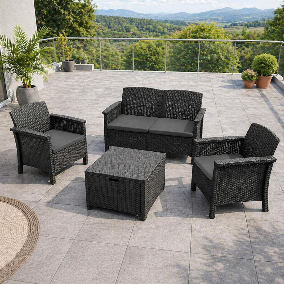 CONCEPT USINE Salon de jardin 4 places effet résine tressée gris anthracite avec table basse MANIZA