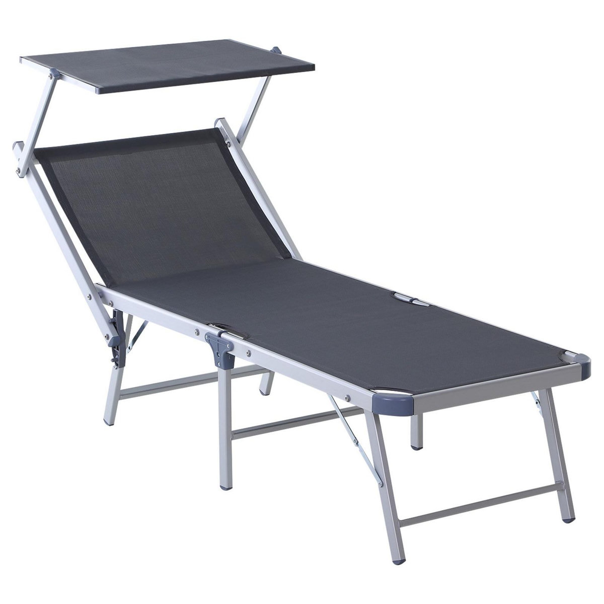OUTSUNNY Transat bain de soleil pliable grand confort dossier et pare-soleil réglable alu. textilène gris