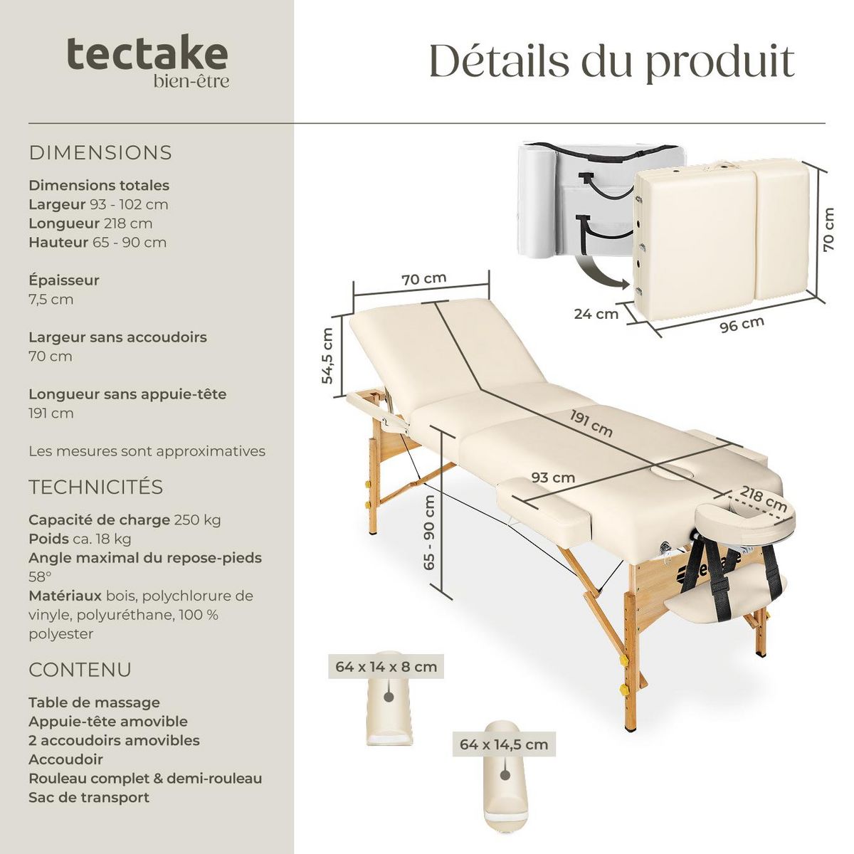 tectake Ensemble de table de massage portable pliante 3 zones largeur 70 cm et rembourrage 7,5 cm beige