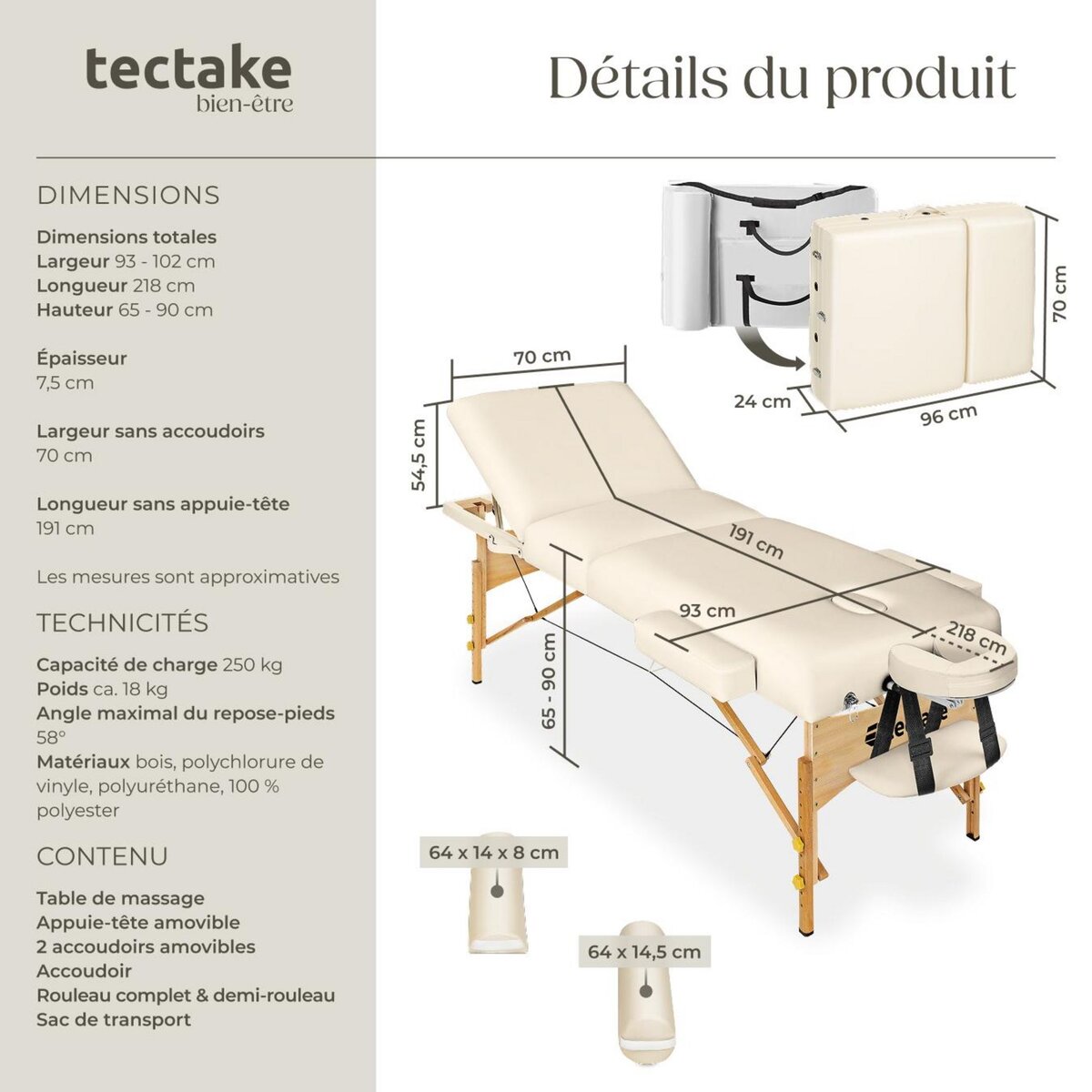 tectake Ensemble de table de massage portable pliante 3 zones largeur 70 cm et rembourrage 7,5 cm beige