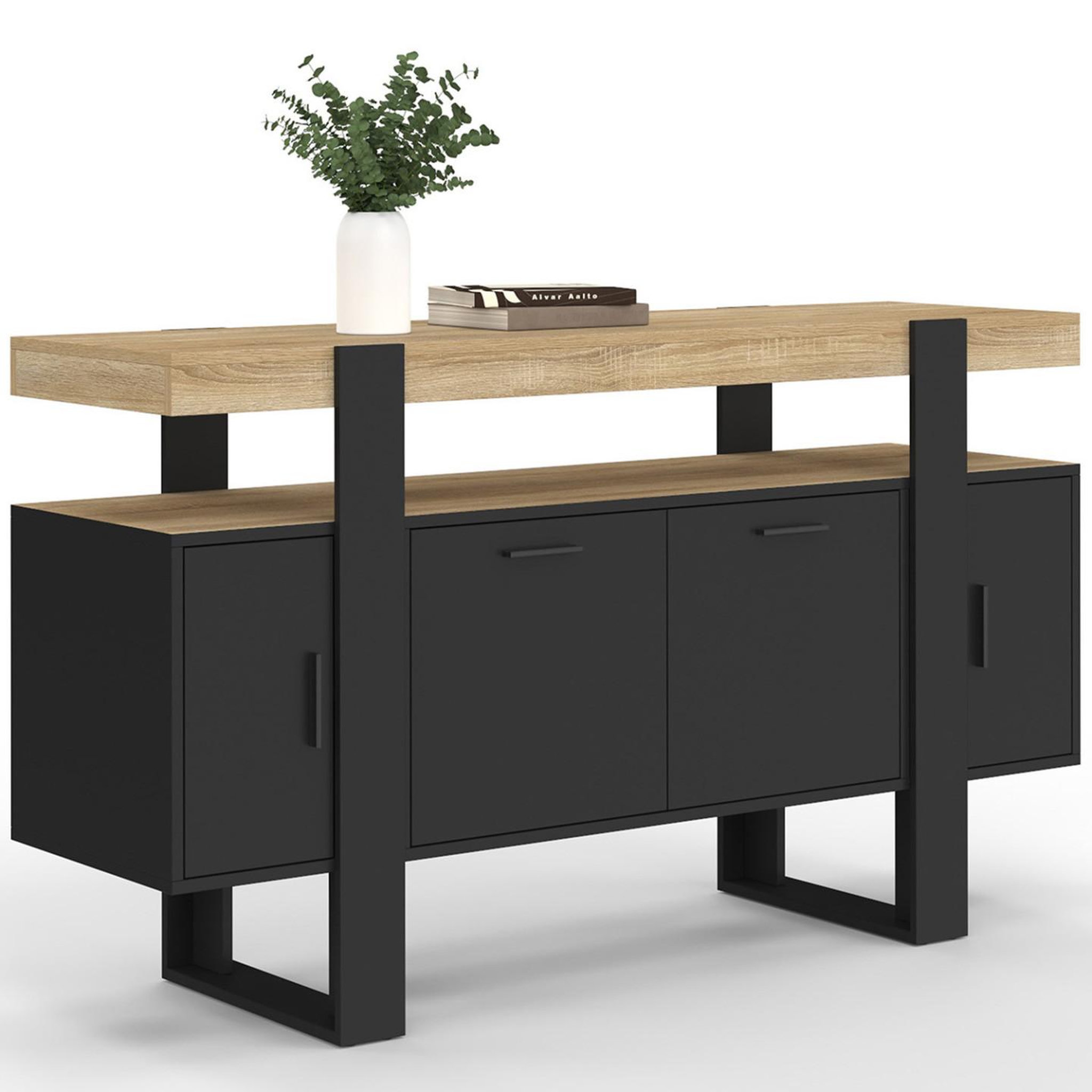 ID MARKET Buffet 140 cm phoenix 4 portes noir avec plateau bois